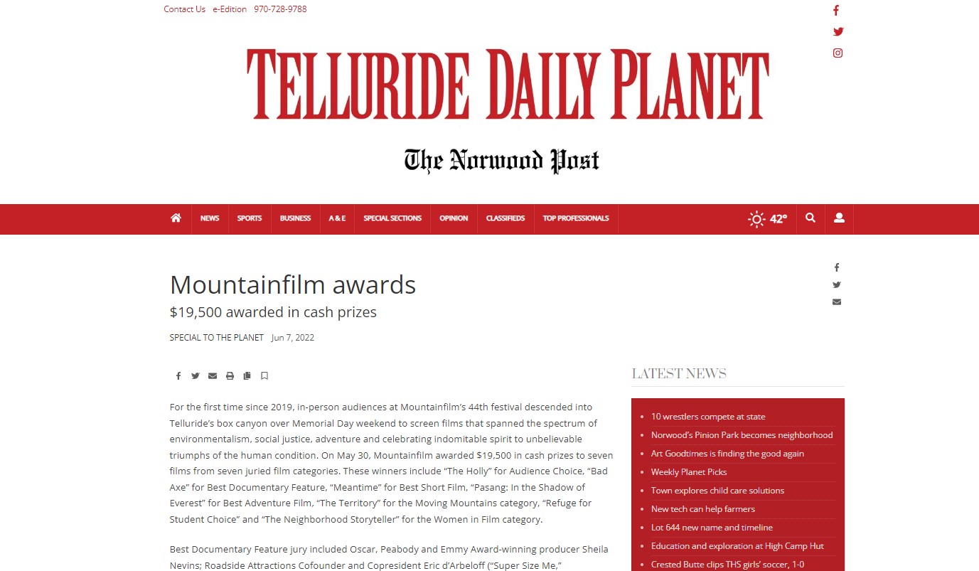 Telluride Daily Planet announces the winners of the Mountainfilm awards