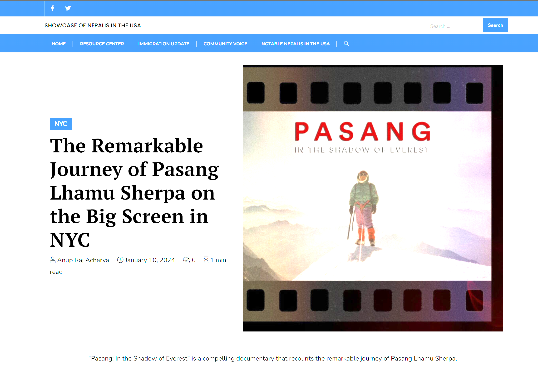 NepYork published an article entitled "The Remarkable story of Pesang Lhamu Sherpa on the Big Screen in NYC