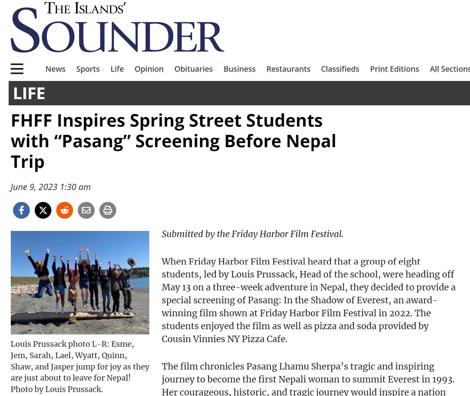 a story about the PASANG movie screening for a group of students climbing Nepal was featuried in the Islands" Sounder in 2023.