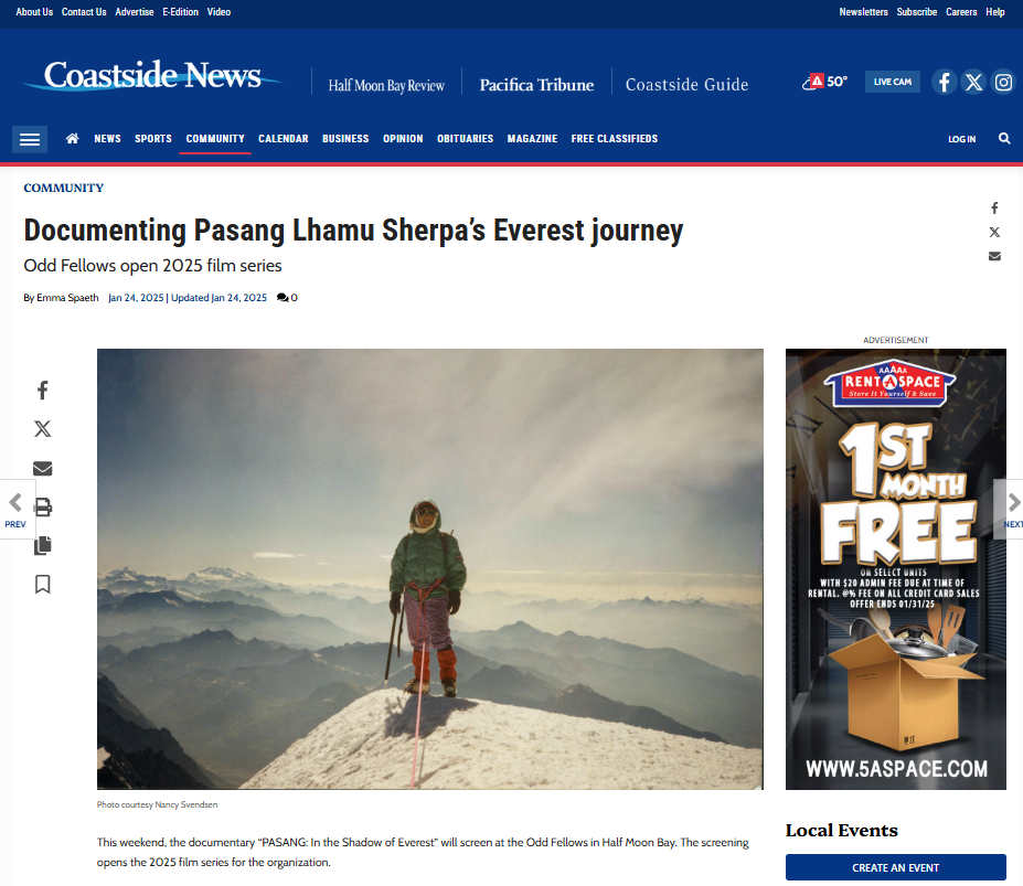  Coastside News highlights a special screening at Odd Fellows in Half Moon Bay, where audiences gathered to watch Pasang Lhamu Sherpa’s inspiring journey.